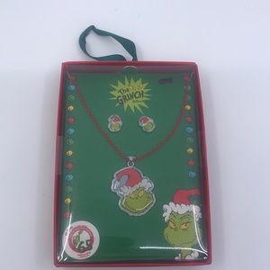 New The Grinch Jewelry Set Earings. And Necklace with Red Chain and Santa Hat